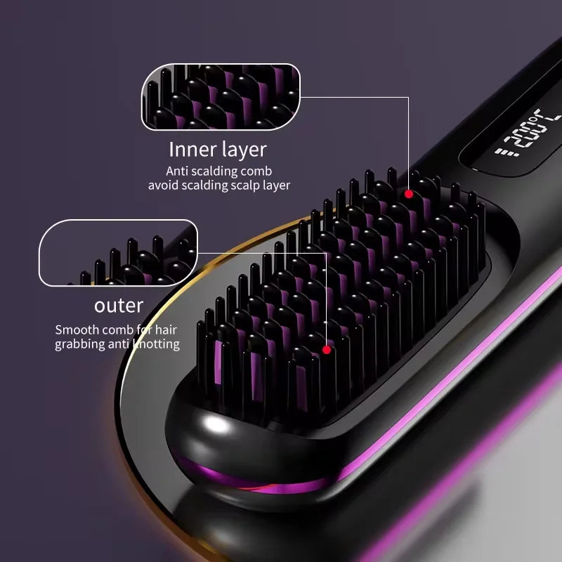 Cordless Hair Straightener Brush, Portable Straightening Brush for Women, Touch ups on-The-go Styling Hot Comb with Negative Ion