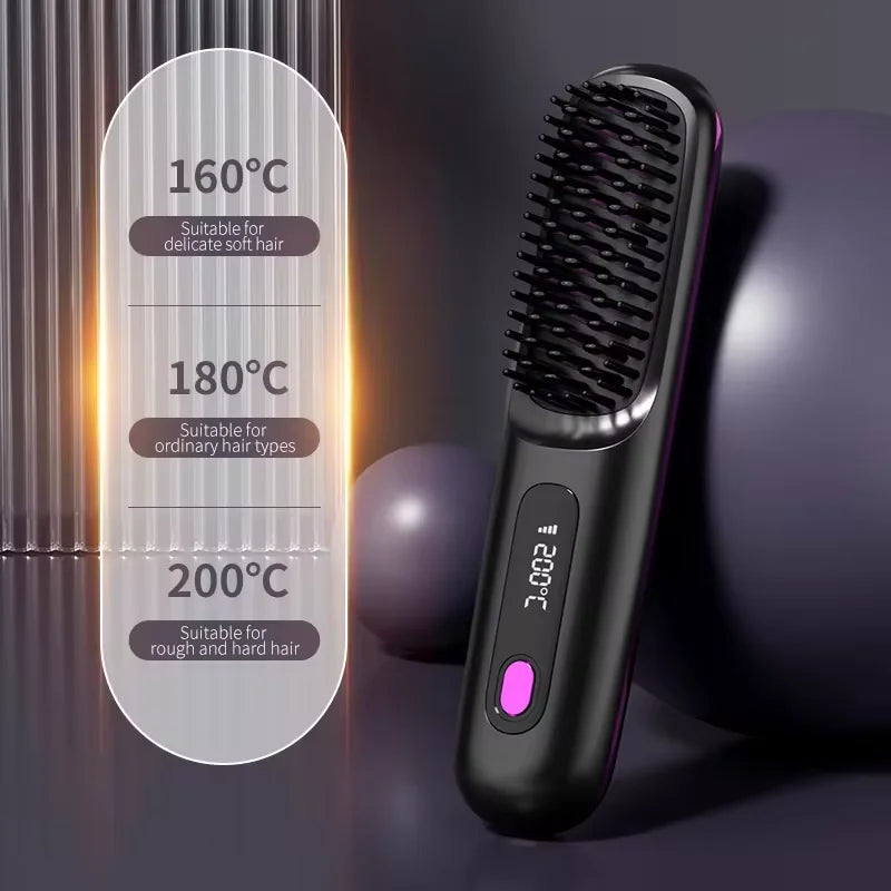 Cordless Hair Straightener Brush, Portable Straightening Brush for Women, Touch ups on-The-go Styling Hot Comb with Negative Ion